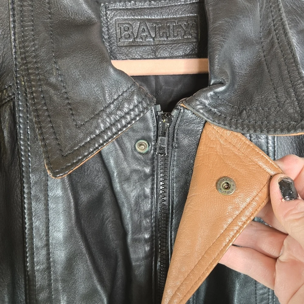 Vtg 90s Bally Black Leather European Italian Lambskin Leather Bomber Jacket